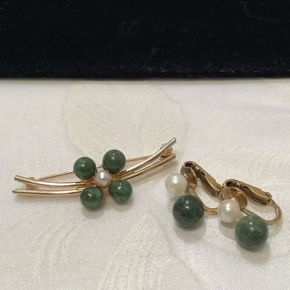 Vintage Burt Cassell 12K GF Jade And Pearl Set - Picture 3 of 6